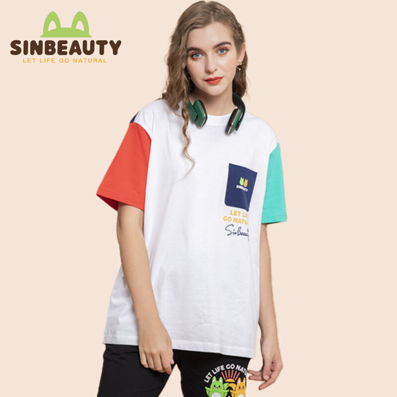 SINBEAUTY-Camiseta holgada de algodón para Mujer, blusa de media manga con cuello redondo ST5011, 2021