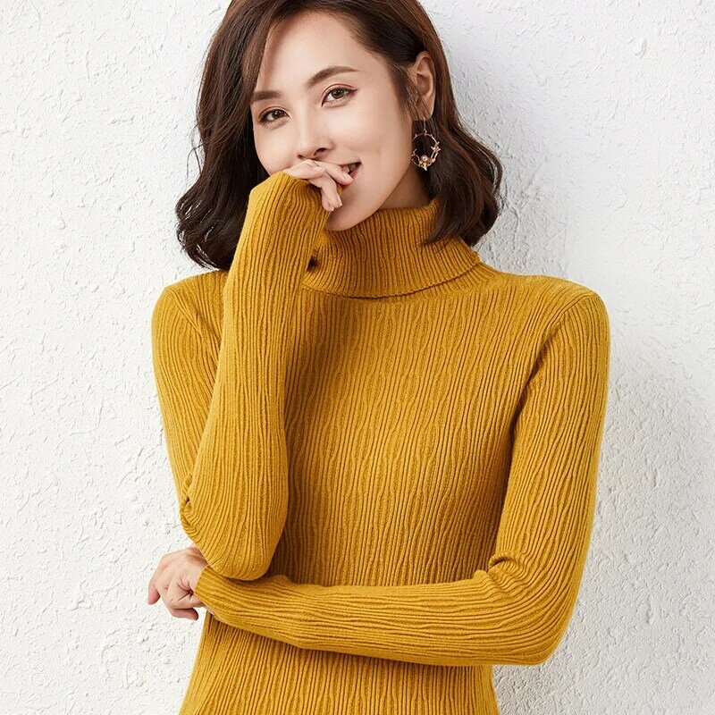 女性用ニットハイネックセーター,韓国版,秋冬,無地の気質ニットセーター
