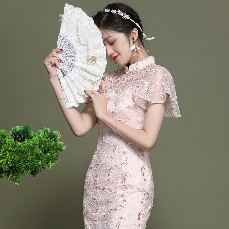 Fairy กระโปรง Cheongsam ฤดูร้อน2021New ผู้หญิงเย็บปักถักร้อย Lotus Leaf Sleeve ปรับปรุงชุดชุดเสื้อผ้าจีน