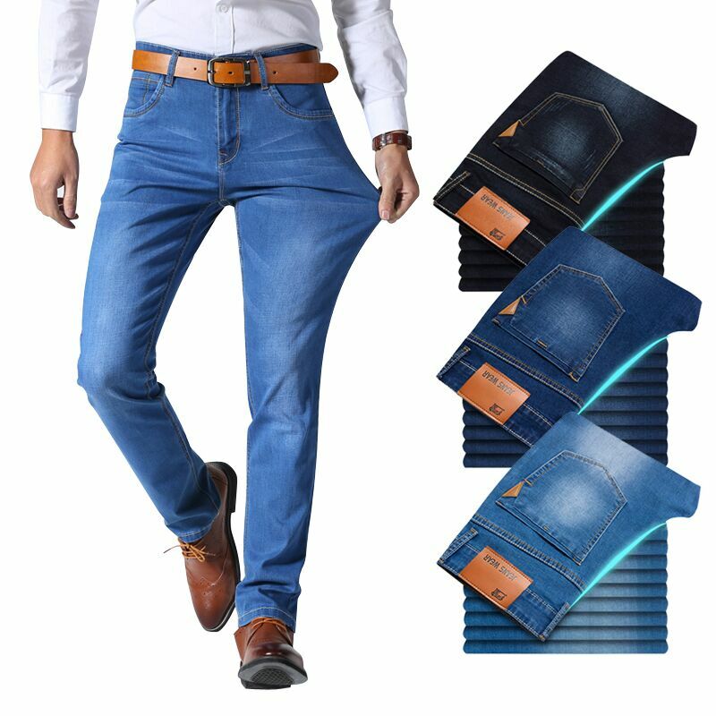 Hermano Wang estilo clásico pantalones vaqueros de marca para hombres Casual de negocios de vaquera de corte Slim elástico pantalones luz azul negro Pantalones Hombre