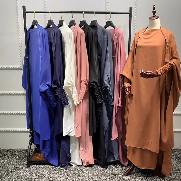 이슬람 무슬림 Jilbab 여성기도 순수한 색 가운 세트 Abaya Jilbab 의류 투피스 예배 드레스 스커트 Abaya