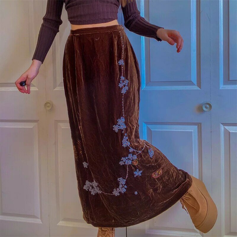 Hirigin y2k fairycore grunge alta cintura longa saias retas retro bordado floral maxi saia 90s feminino vintage boho roupas
