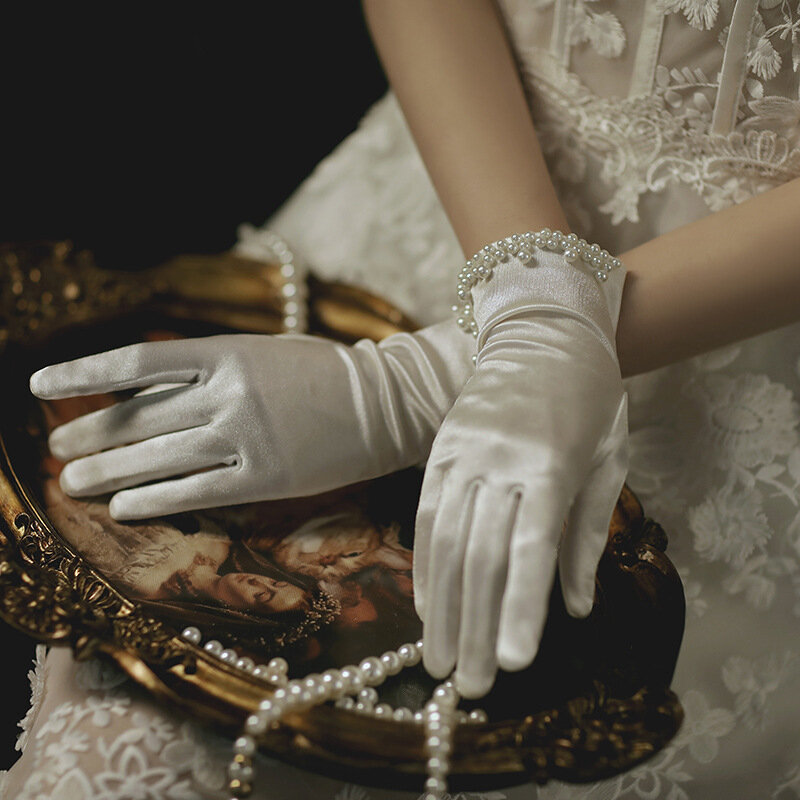 High Quality Full Finger Wedding Gloves With Pearls   Bridal Gloves Elastic Satin  Wedding Accessories