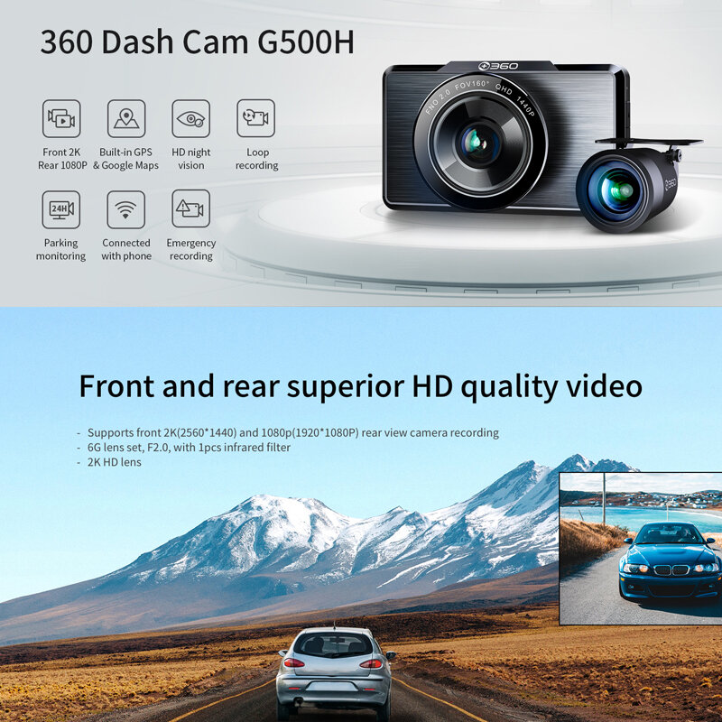 360 G500H Dash Cam + 32G การ์ดด้านหน้า2K FHD ด้านหลัง1080P กล้องคู่160 "FOV 3.0" สมาร์ทรถ DVR 4MP WIFI Google Maps GPS PK 70mai
