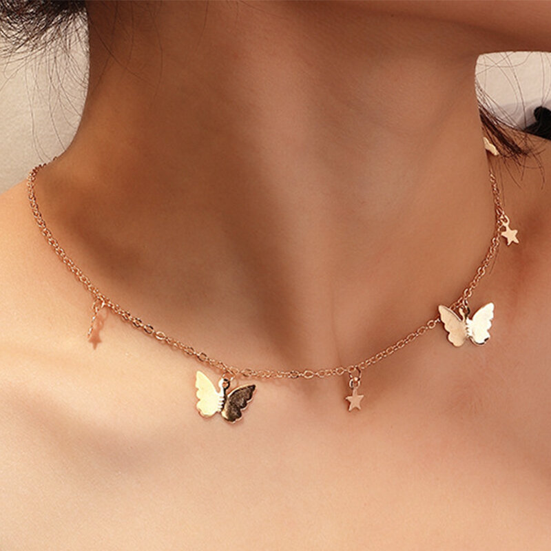 Nova moda lua colar para o pescoço feminino corrente jóias de ouro com borboleta coração pingente presentes frete grátis