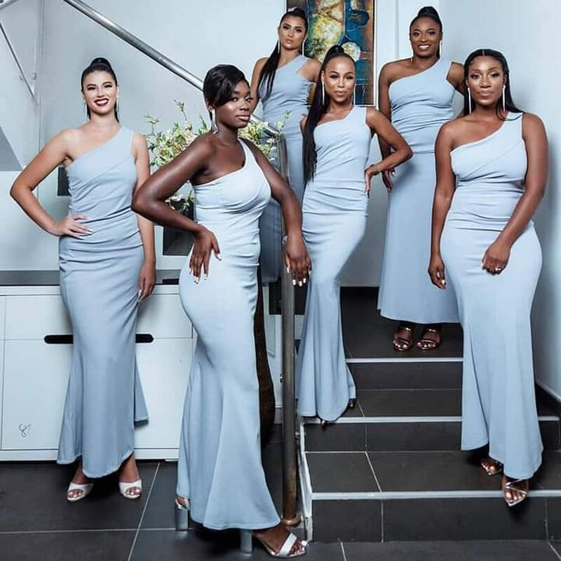 심플 원 숄더 신부 들러리 드레스 아프리카 여성 2023 민소매 발목 길이 라이트 블루 웨딩 파티 드레스, 댄스 파티 정장 가운