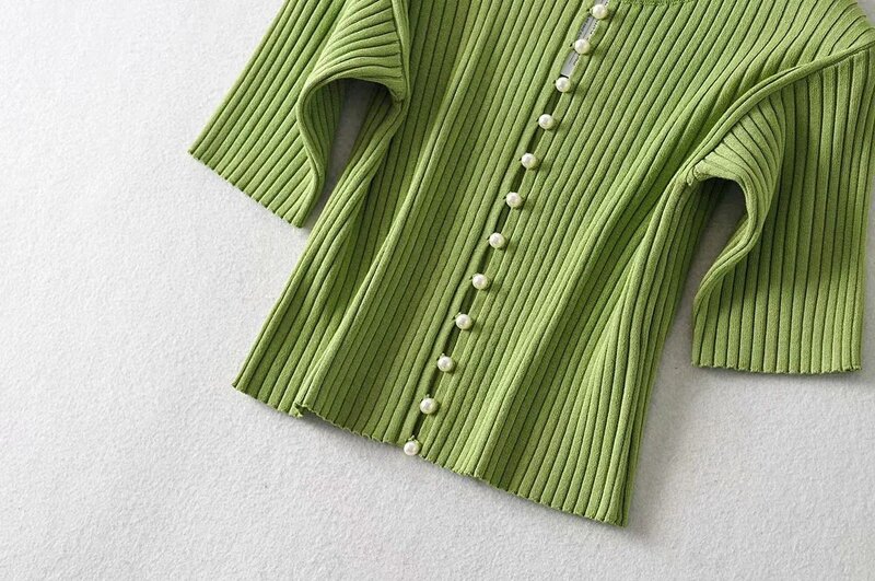Cardigan rétro en tricot avec boutonnage simple et perles pour femme, pull à rayures, col rond, manches courtes, été, 2020