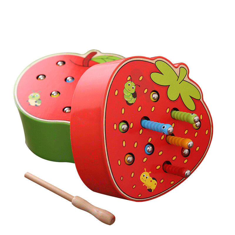 Mainan Puzzle Kayu 3d Mainan Pendidikan Dini Kemampuan Ambil Apel Stroberi Permainan Cacing Kognitif Menangkap Magnetik untuk Anak-anak