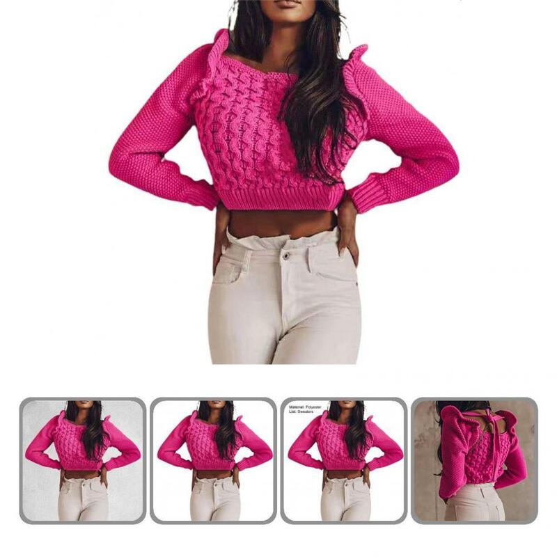 세련된 풀오버 스웨터 퓨어 컬러 캐주얼 프릴 레이스 업 허리 짧은 스웨터 니트 스웨터 여성 니트웨어