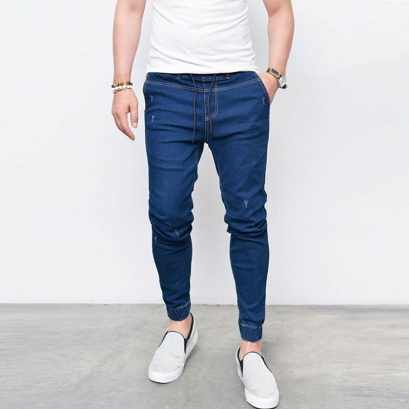 Pantalones vaqueros de Hip Hop para hombre, Jeans elásticos ajustados y rasgados, de talla grande, informales para trotar, color negro y azul