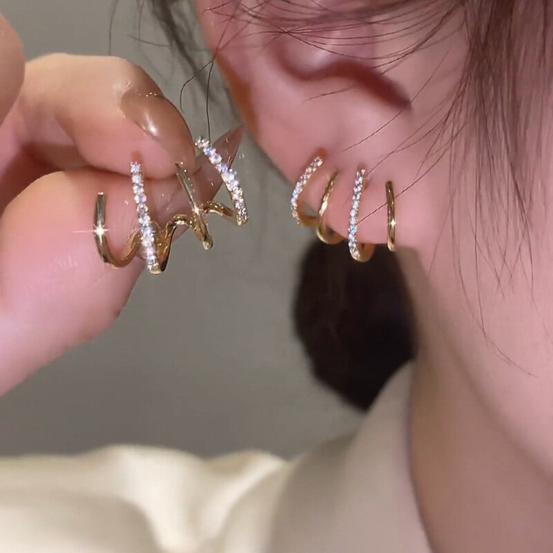 Reales Gold Überzogene 925 Silber Nadel Zirkon Multi-schicht Ohrringe Für Frau Kleine Büro Dame Shiny Trend Schmuck Zubehör
