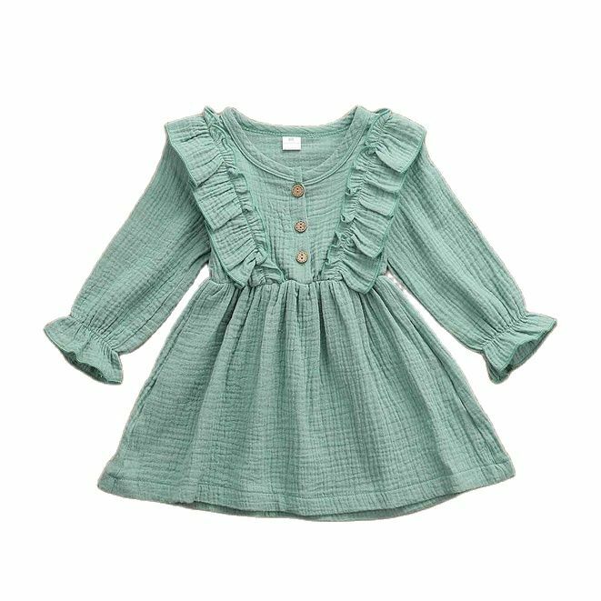 0-5Y Girl DressToddler Kids Girl Summer Dress Ruffles Long Sleeve Solid Cotton Linen Casual Dress Baby Clothes Dress For Girl