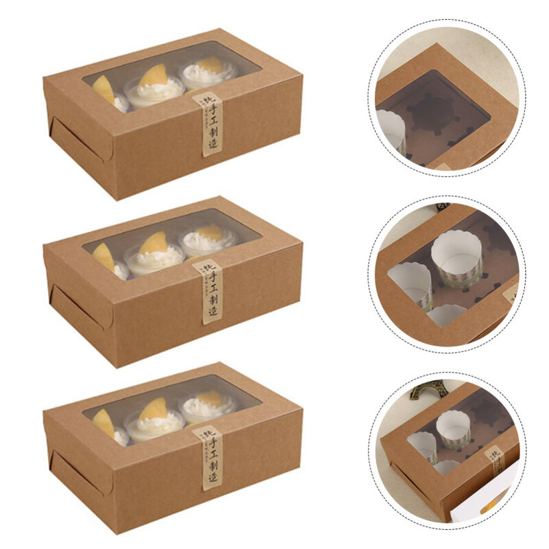 12Pcs 6-Grids Kuchen Boxen Papier Cupcake Verpackung Box (Kraft Papier, Aufkleber)