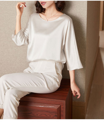 2021 새로운 여성 새틴 패션 단색 블라우스, 3/4 소매 셔츠, 느슨한 기질, 가을