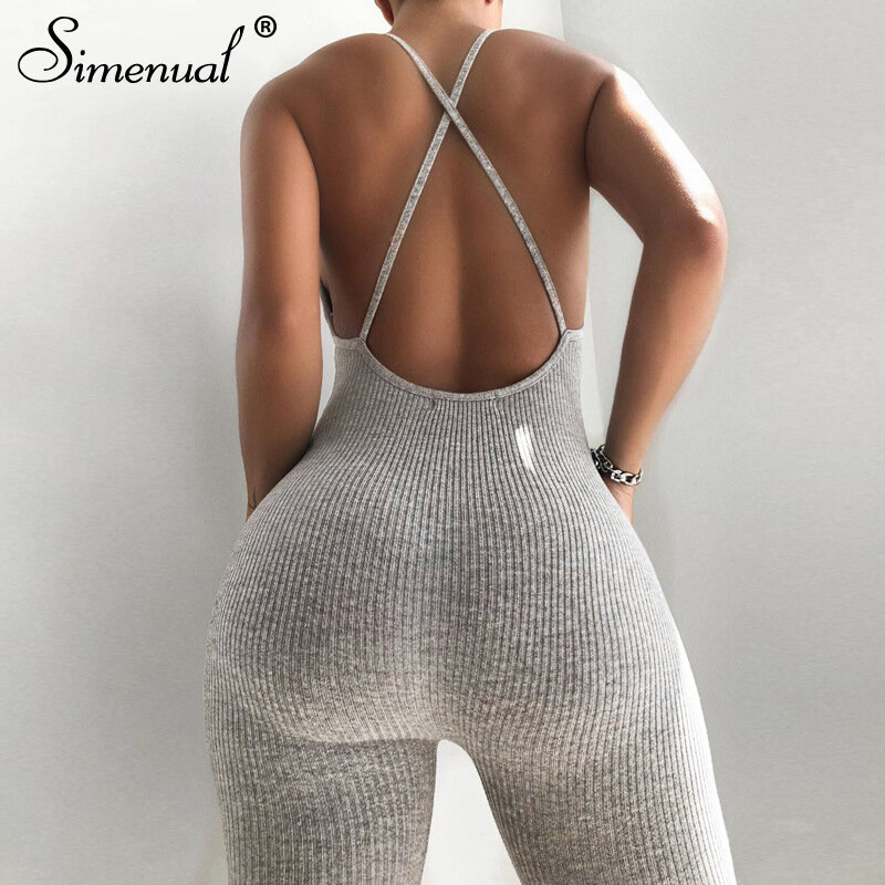 Simenual V-hals Backless Criss Cross Bodycon Rompertjes Womens Jumpsuit Riem Sportieve Workout Skinny Active Wear Solid Jumpsuits Nieuwe