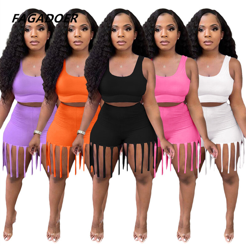 Fagadoer Casual Set Women Solid Two Piece Set Sleeveless Crop Top Tassel Shorts Sets Tracksuits 2pcs Outfits Summer 2021 Clothes