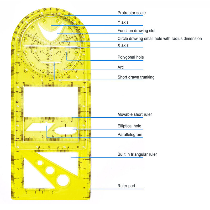 Régua geométrica multifuncional modelo de desenho geométrico ferramenta de medição para material de escritório escolar thj99