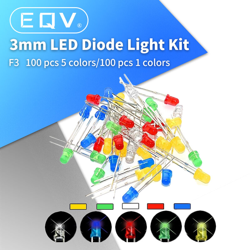 Kit surtido de luces LED de diodo, 5MM, F3, 3mm, verde, azul, blanco, amarillo, rojo, DIY, 100 unidades/lote
