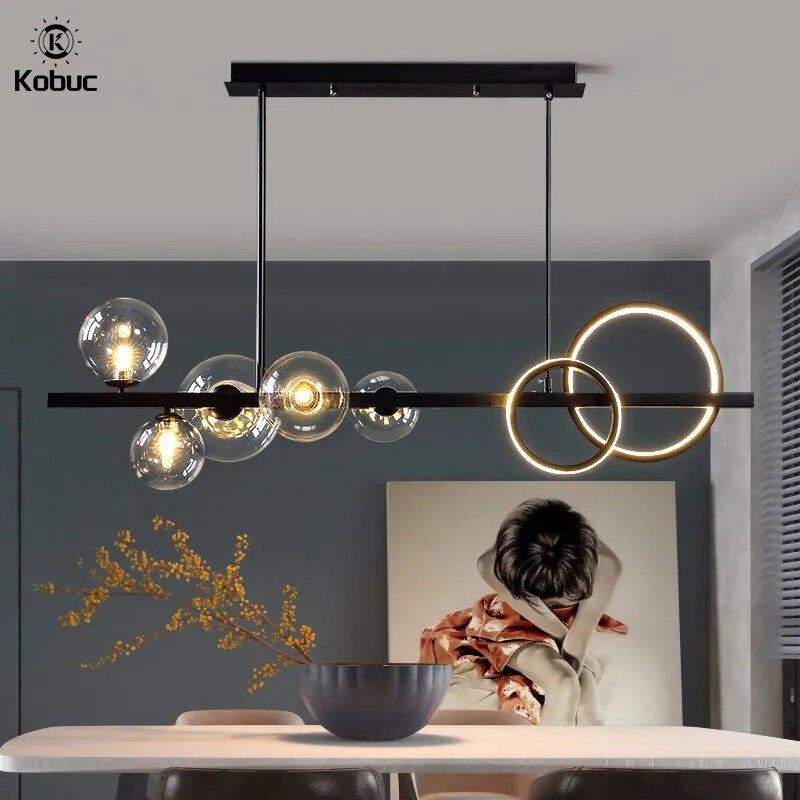 Kobuc-새로운 북유럽 스타일 LED 펜던트 램프, 블랙 골드, 식당, 테이블, 주방, 바, 모던한 샹들리에, 글라스 볼 행잉 펜던트 램프