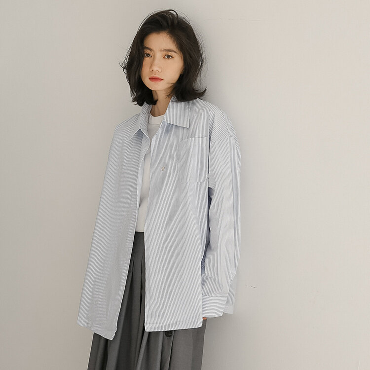 Полосатая рубашка с настоящими снимками, дизайнерская нишевая рубашка в Корейском стиле для осени