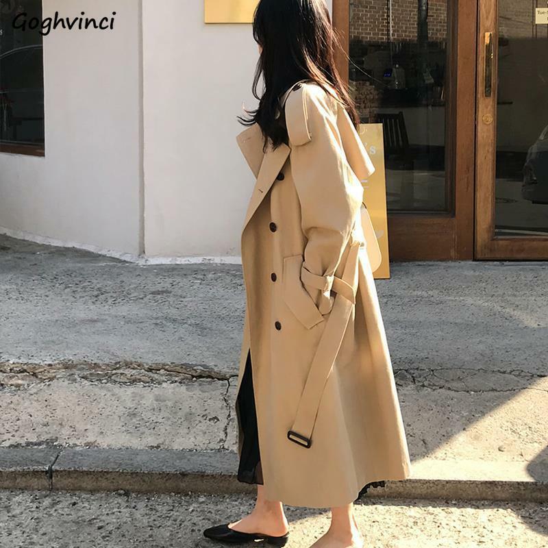 Trench coat feminino liso cáqui longo, casaco feminino sobretudo justo estilo coreano confortável primavera outono