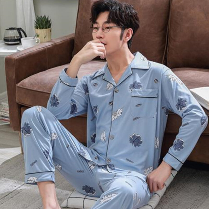 Conjunto de pijama de algodón tejido para hombre, ropa de dormir informal de manga larga a cuadros, cómoda, de talla grande, para primavera y otoño