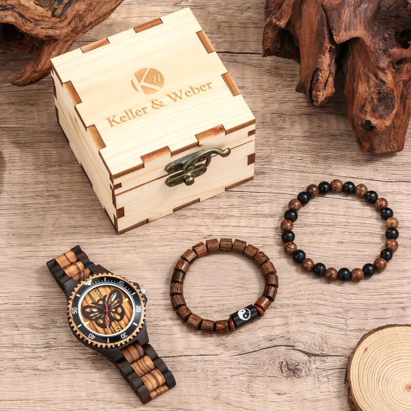 Relojes de cuarzo Retro nostálgicos para hombre, conjunto de pulsera de budismo con caja, correa de madera completa, esfera de mariposa