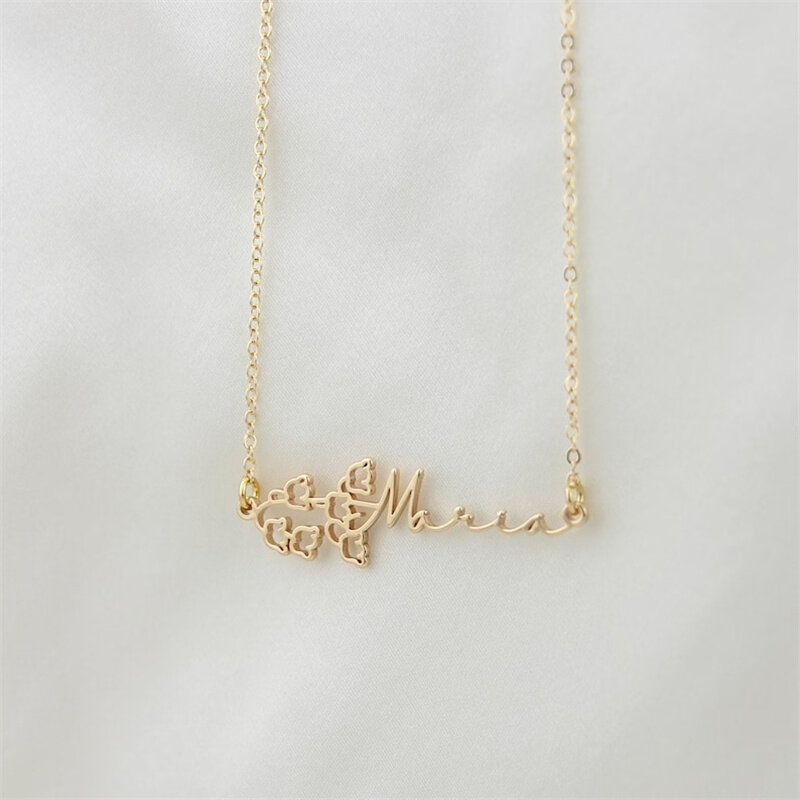 Kalung Nama Bunga Kustom 18K Emas Personalisasi Minimalis Liontin Papan Nama Leher Perhiasan Hadiah Ulang Tahun Pernikahan untuk Dia