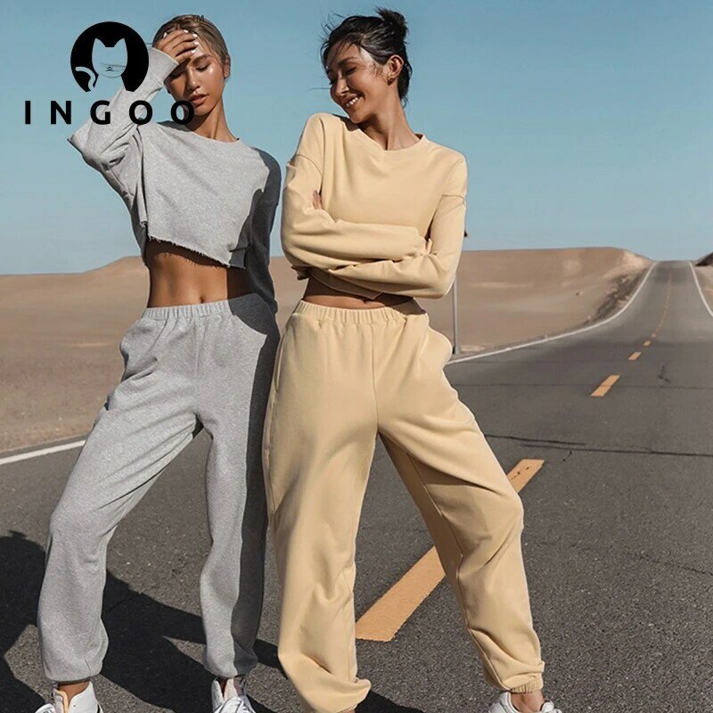INGOO-chándal informal liso para mujer, conjunto deportivo de dos piezas, Sudadera de manga larga y pantalones de chándal, moda urbana