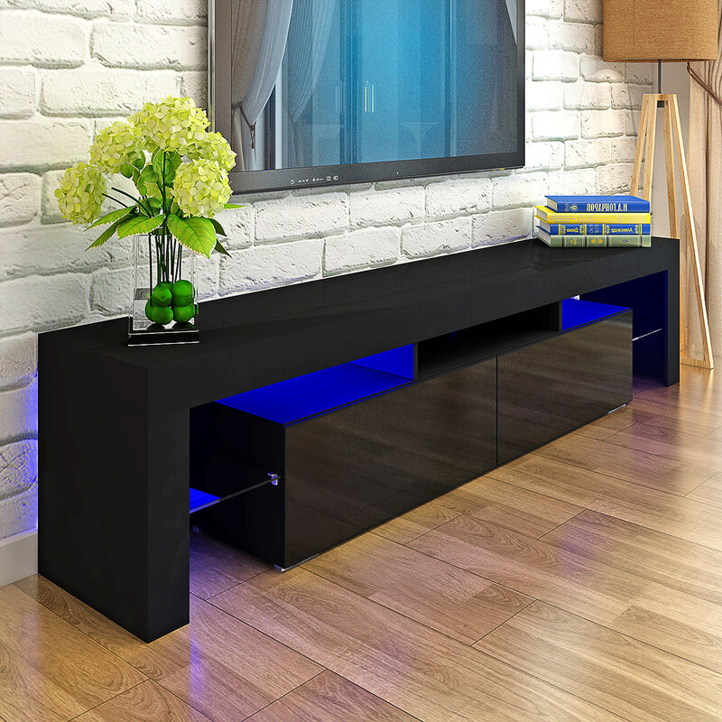 160cm Length TV Stands ,High Gloss Front RGB LED, 2 Storage Drawers, Glass Shelf,Living Room Furniture TV Cabinet