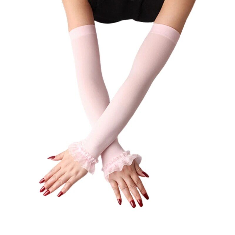 Guantes sin dedos con protección UV para mujer, mangas cálidas con malla de retales y volantes