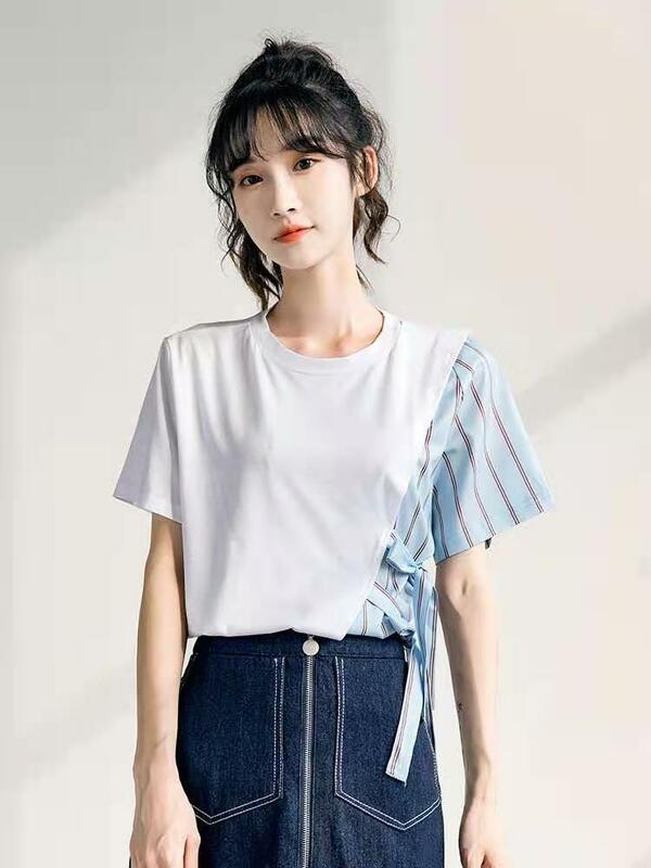 Kleur Blok Stiksels Gestreepte Taille T-shirt Zomer Koreaanse Ins Ontwerp Niche Topszaraing Blusas 2021