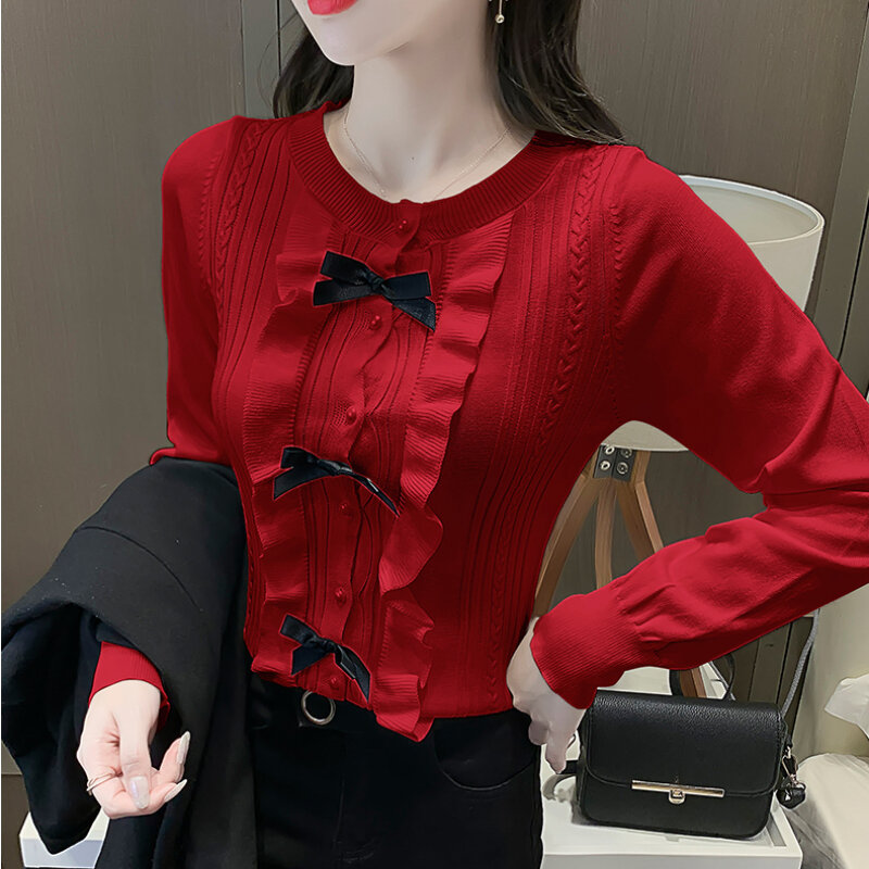 Suéter feminino tricô gola redonda, blusa feminina manga comprida com babado laço 811i liang 2021 outono