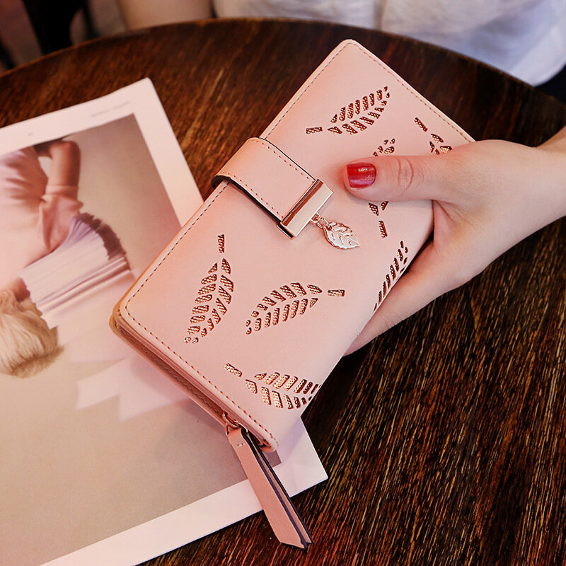 Женский кошелек из искусственной кожи, Дамский удлиненный бумажник с золотыми листьями, сумочка для мелочи, кредитница, клатч