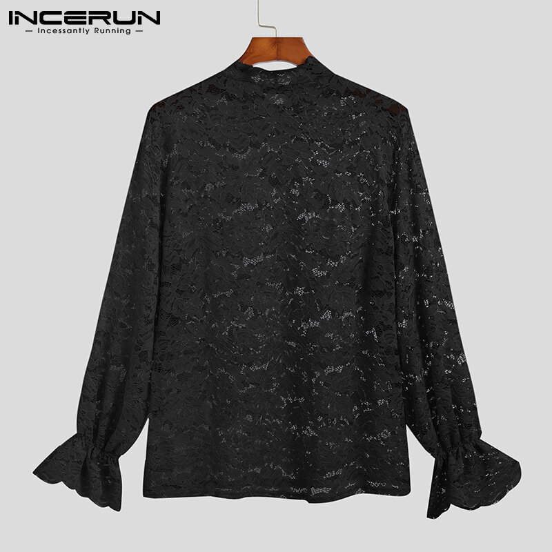 INCERUN Tops 2021 Fashionable Men's Sexy Leisure Camiseta Printing Lace Long-sleeved T-shirts Stylish Party Nightclub Tees S-5XL
