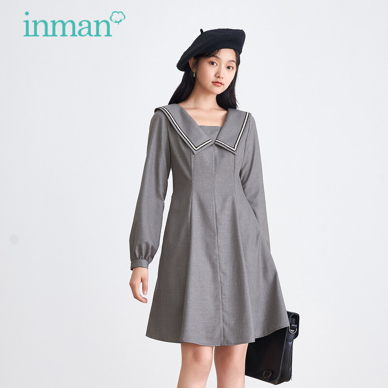 Inman vestido feminino outono inverno minimalista elegante lapela luz cinza manga longa uma peça