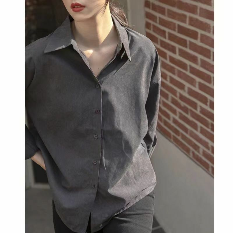Xej primavera outono 2021 moda feminina blusa para mulheres estilo gelado cinza camisa de algodão tops com mangas compridas túnica
