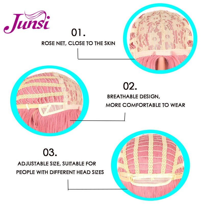 JUNSI-Peluca de pelo sintético para mujer, pelo largo con volante grande, color rosa, alta temperatura, 30 pulgadas, Cosplay