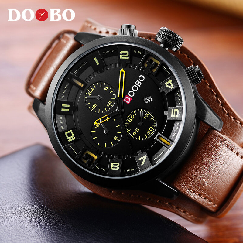 Doobo top marca de luxo esporte relógios quartzo relógio para homens exército militar pulseira couro moda casual grande relógio relogio masculino