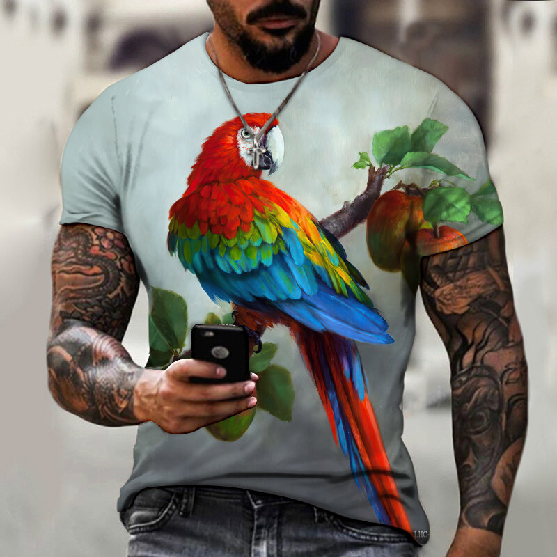 Kaus Pria dan Wanita Cetak 3D HD Warna Burung Beo Dunia Binatang Atasan Lengan Pendek Musim Panas Ukuran Besar Lengan Pendek