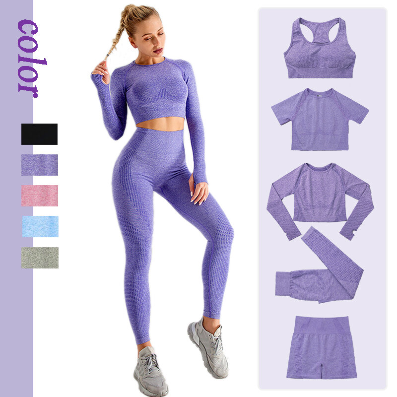 Conjunto de Yoga para mujer, ropa deportiva de entrenamiento, gimnasio, Top corto de manga larga, Leggings de cintura alta, trajes deportivos
