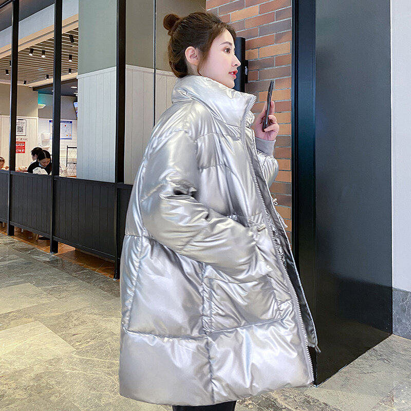 Jaket Panjang Wanita Musim Dingin 2021 Mantel Padat Mengkilap Kerah Berdiri Wanita dengan Saku Besar Mantel Dingin Wanita Kasual