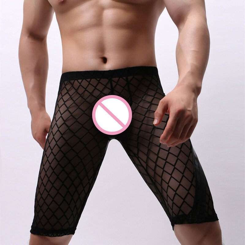 เซ็กซี่เซ็กซี่ชายตาข่ายกางเกงนอนชุดนอนกางเกงขาสั้น Sheer ดูผ่านโปร่งใสเกย์ตลกกางเกงยี่ห้อส...