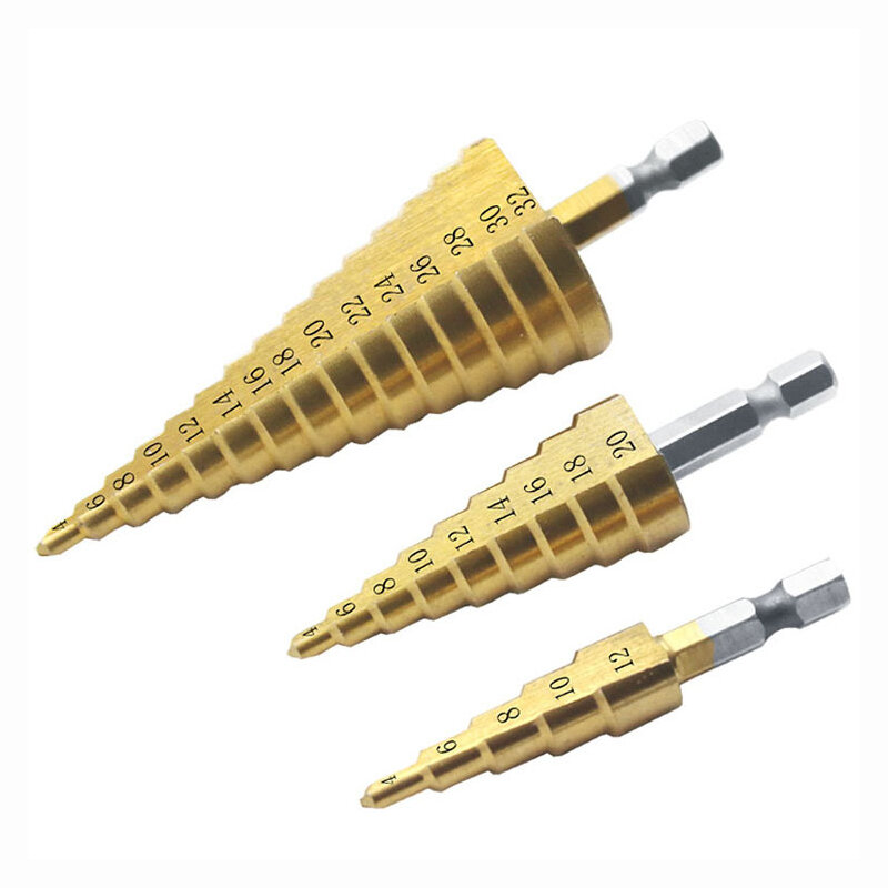 3pcs 1 / 4 " Titanium Coated Metal Hex Core Drill Bits Hss Step Drill Bit Set Cone Hole Cutter Taper Metric 4-12 / 20 / 32mm