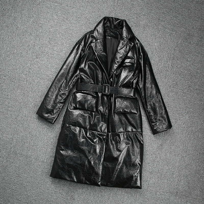 Nova chegada da fábrica moda feminina genuína aurora couro longo para baixo jaquetas, pato branco para baixo grande bolso