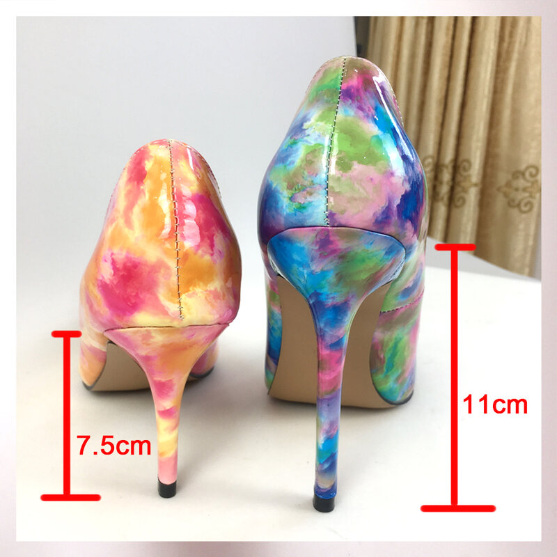 Moda tacchi alti specchio colorato Graffiti scarpe da donna in pelle liscia pompe punta a punta tacco a spillo 11cm taglia 46 festa quotidiana
