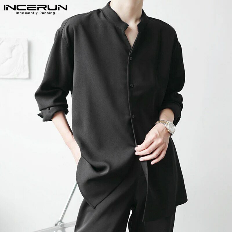 Топы INCERUN 2021, модная повседневная Стильная мужская однотонная блузка с длинным рукавом, на пуговицах, универсальные простые удобные костюмы...