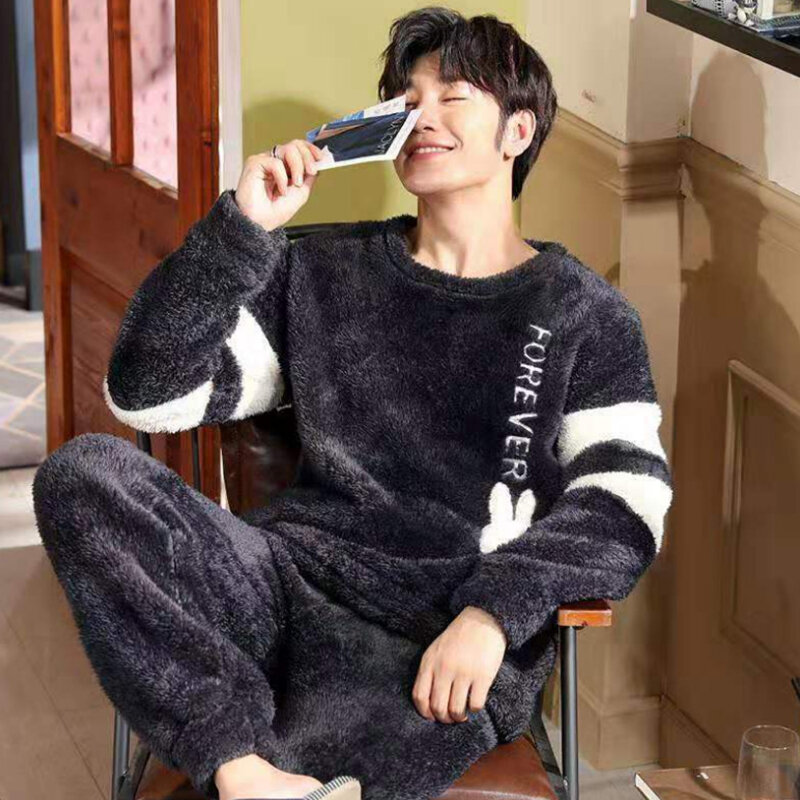 Conjunto de Pijamas de franela para hombre, ropa de dormir de lujo, supercálida, con estampado de letras, informal, de talla grande
