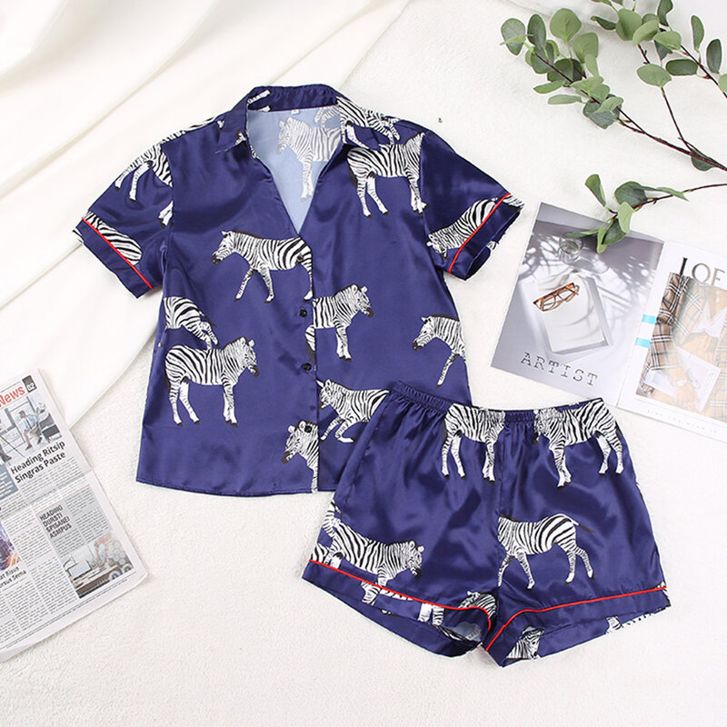 Hiloc Zebra Animal Print Nachtkleding Vrouwen Pyjama Korte Mouwen Suits Met Shorts V-hals Nachtkleding Satijn Zijden Pyjama Mode 2022