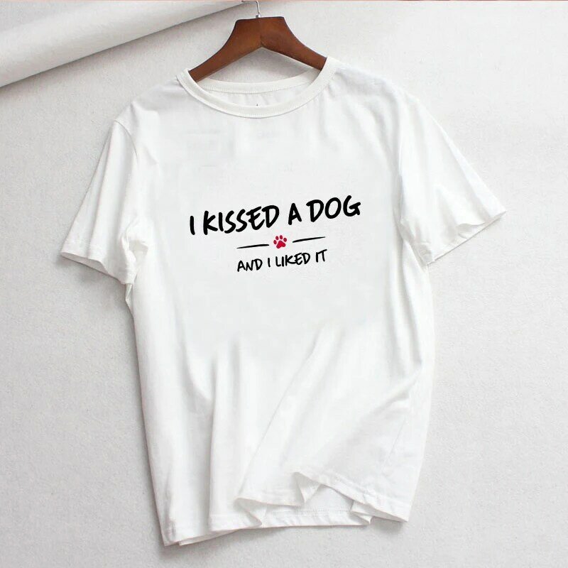 LUSLOS النساء T قميص مضحك الكلب باو طباعة الفتيات بلايز أنا مقبل الكلب وأنا أحب ذلك إلكتروني طباعة بسيطة الأبيض Femlae تي شيرت